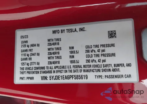 2023 Tesla Model 3 Rear-Wheel Drive z USA, uszkodzony, nr VIN 5YJ3E1EA6PF585619